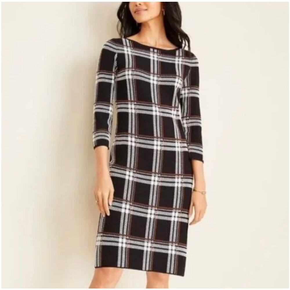 Ann Taylor Black White Brown Plaid Knit Sweater Dress S Modal Librarian Academia